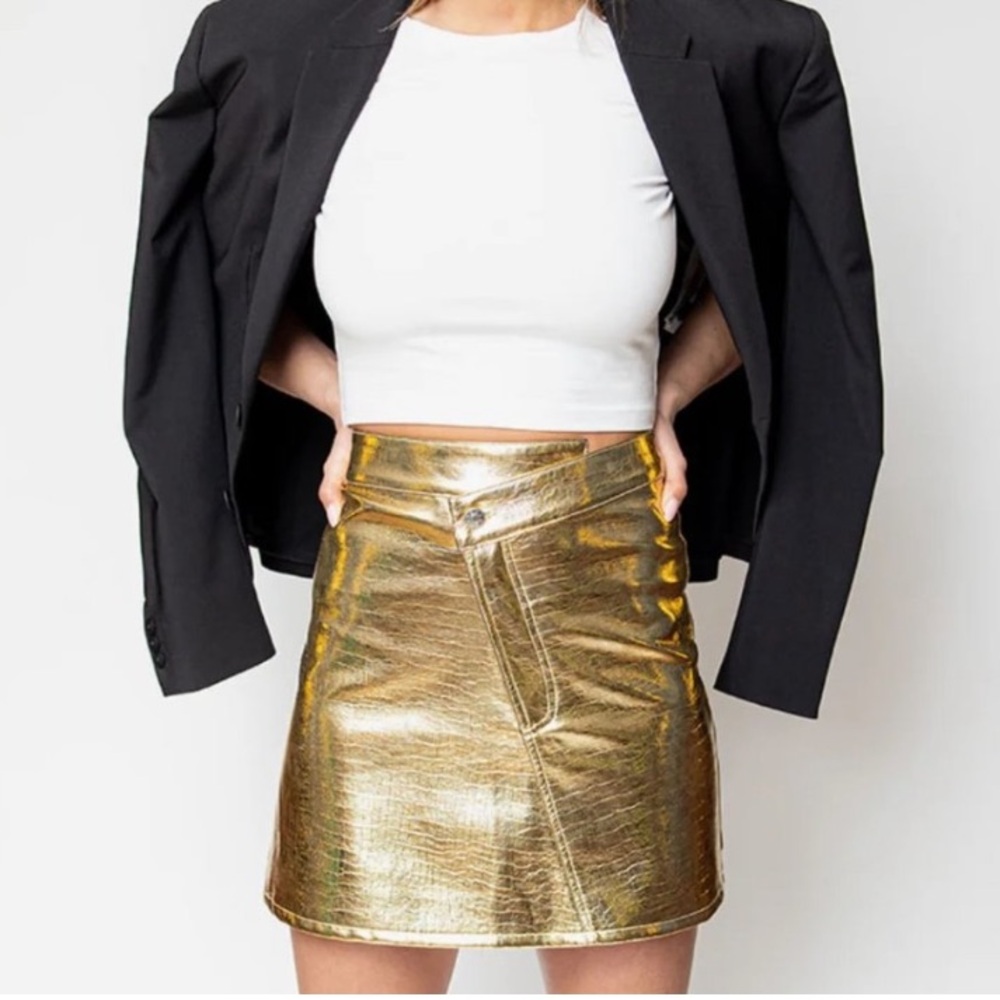 NWT Torn by Ronny Kobo Asymmetrical Faux Leather Mini Skirt Size M gold metallic